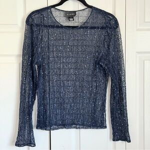 Virgo Blouse Womens 8 Blue Sequin Sheer Mesh Long Sleeve Top Evening Goth